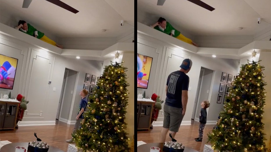 Christmas surprise: Woman climbs to ceiling, delights niece and nephews by posing like ‘The Elf on the Shelf’